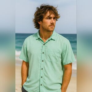 Caribbean Seafoam Green Palm Leaf Button Up Shirt XXL Beachy Coastal Resortwear